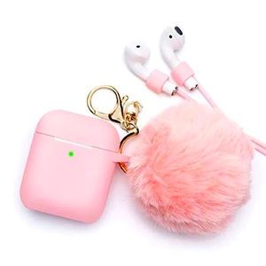 Silicone earphone case cover w/Pom Pom keychain and strap for wireless head set